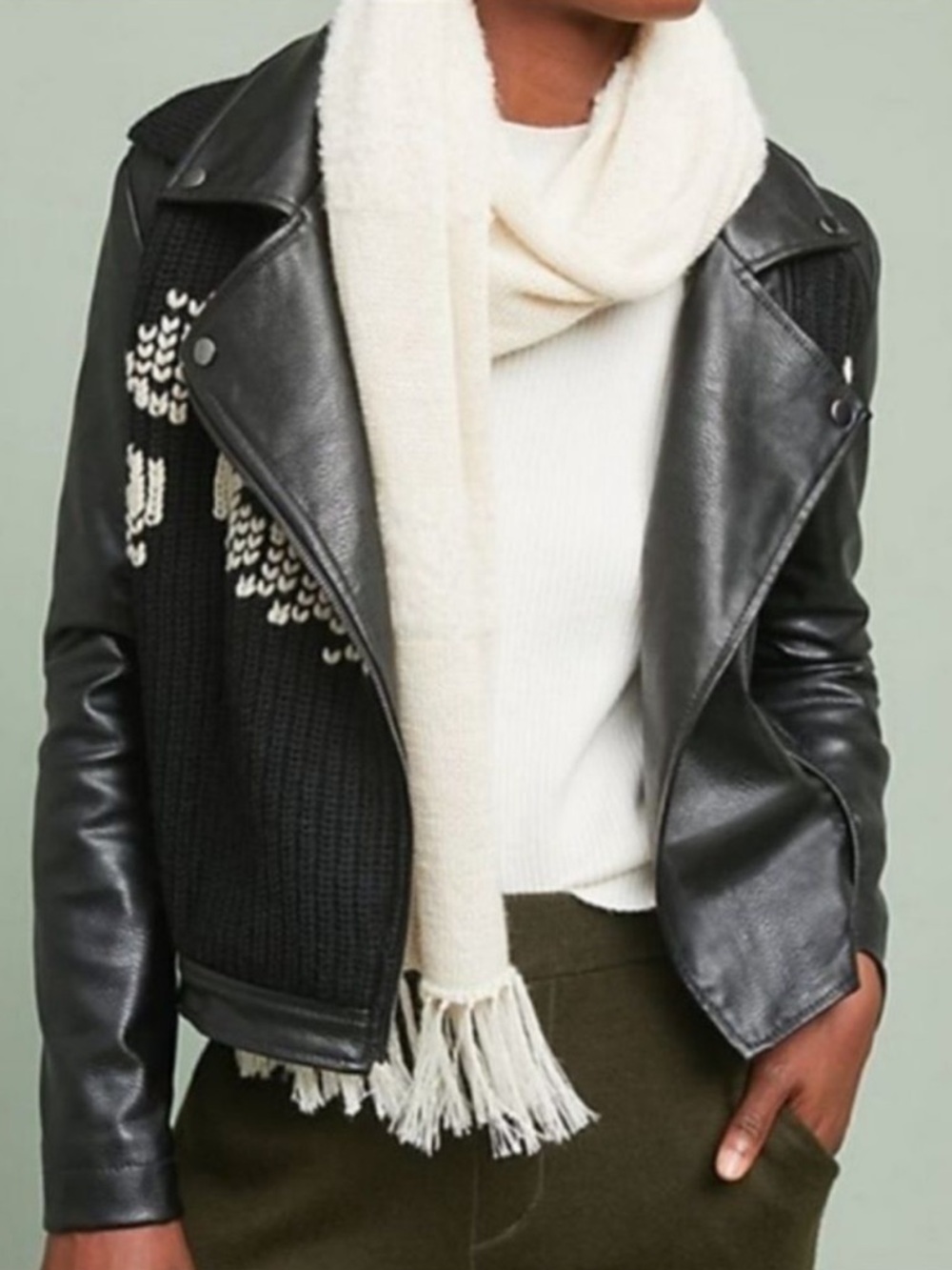 NWT Anthropologie ETT:TWA Faux Leather Wool Knit Front Moto Jacket L